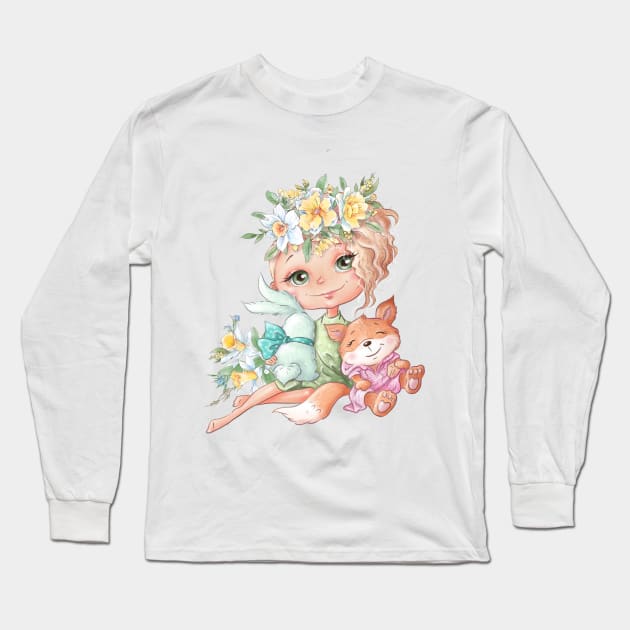 cute cartoon girl with rabbit chanterelle friends with spring flowers Long Sleeve T-Shirt by TeresaBridgesqee